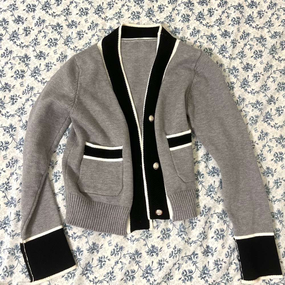 Gray Knit Cardigan with Black Trim